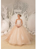 Long Sleeve Champagne Lace Tulle Floor Length Buttons Back Flower Girl Dress